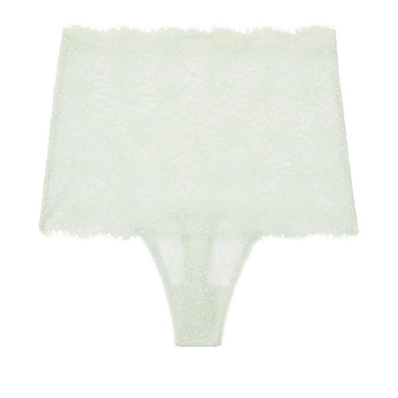 VS S NWT High-Rise Thong Panty Pale Sky Gray Floral Lace Scalloped Edges Daisies - Picture 11 of 15